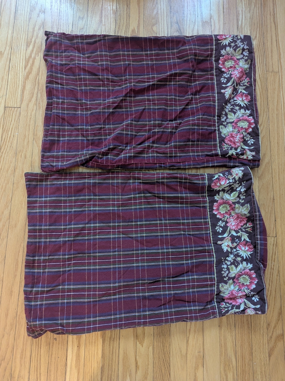 April Cornell Burgundy Plaid Pillow Cases/Shams with Floral Border Vintage